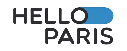 Hello Paris logo: uppercase gray outlined text with a blue rounded rectangle behind the word 'HELLO'.